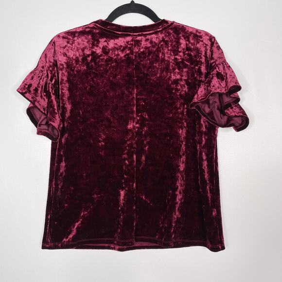 Altar'd State XSmall XS Burgundy Red Crushed Velvet Ruffle Short Sleeve Top Crew - Picture 2 of 8